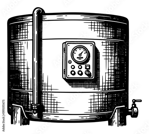 Industrial Pressure Tank with Gauge and Control Panel Brewery or Chemical Plant Equipment Engraving