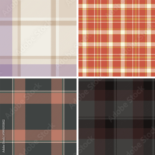 Vintage plaid bundle created with retro aesthetics in mind. The pack includes multiple tartan patterns referencing woven fabrics. Vector format ensures clean repeats.