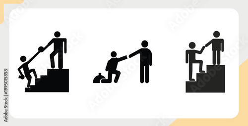 Teamwork and support icons: helping hands and stepping up with teamwork