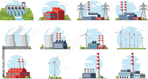 Industrial Energy Production Vector Set Featuring Renewable Wind Turbines Hydroelectric Dams Nuclear Power Plants and Electrical Grid Infrastructure for Sustainability Designs