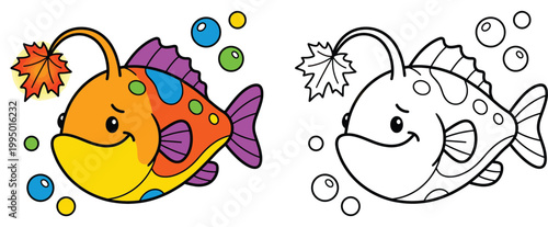 Cute Cartoon Anglerfish with a Glowing Leaf Lure and Bubbles Whimsical Deep Sea Illustration