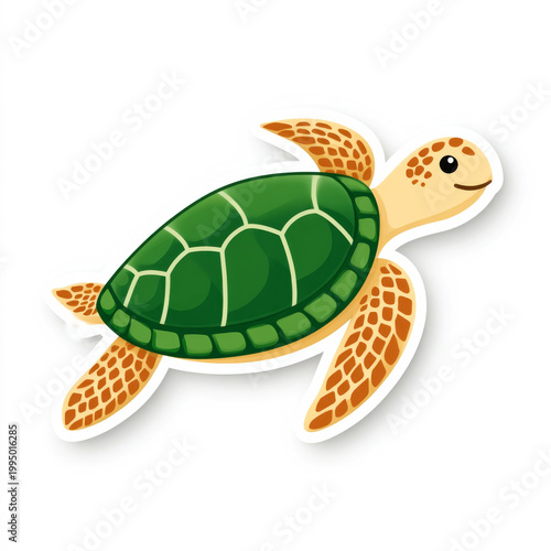 Colorful cartoon sea turtle with green shell and orange flippers