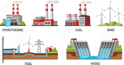 Renewable Energy Sources Vector Icon Set Featuring Tidal Power Hydrothermic Systems Wind Turbines Coal Plants and Hydroelectric Dams for Sustainable Technology Designs