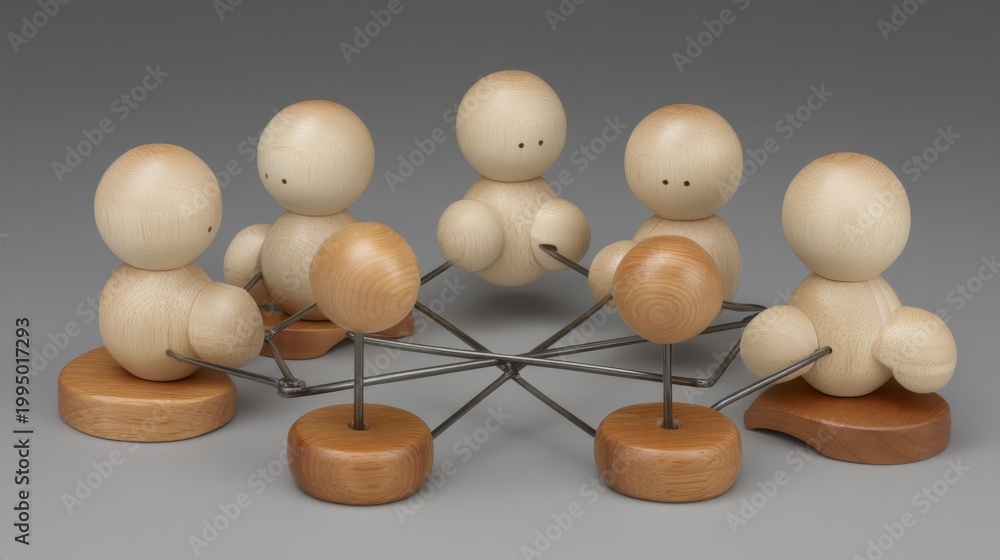 Obraz premium Wooden figures connected with lines on table, network concept, teamwork and communication, business connection.