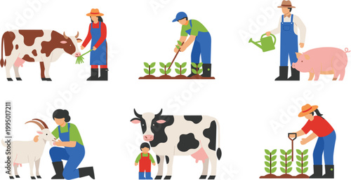 Farmers caring for livestock and crops set with cows, pigs, planting and agricultural work in modern flat vector illustration style