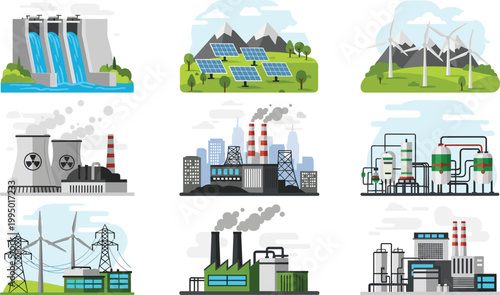 Global Energy Infrastructure Vector Set Featuring Solar Panels Wind Turbines Hydroelectric Dams and Industrial Power Plants for Sustainable Green Technology Designs