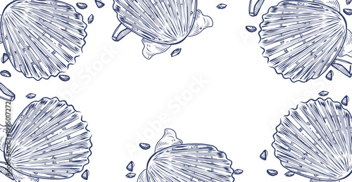 A rectangular vector frame of scallop-shaped seashells. All objects are hand-drawn with ink. The monochrome ink background is perfect for summer holiday decor and coastal settings.