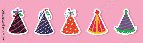 Set of cute birthday party hat stickers and hand drawn doodles for planners, notebooks and scrapbooking. Festive cone caps set