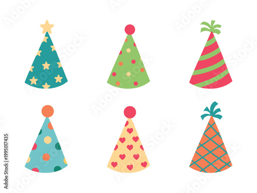  Festive party hat set for birthday, carnival, halloween and christmas. Cute colorful cone caps with pompons and stars for kids events