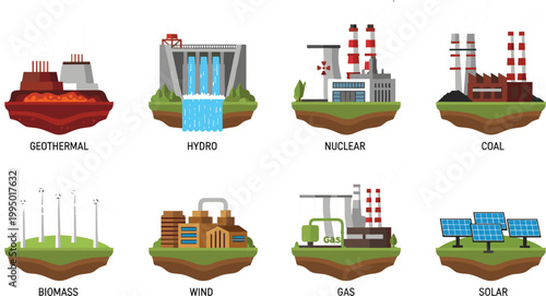 Sustainable Energy Infrastructure Vector Icon Set Featuring Solar Panels Wind Turbines Nuclear Power Plants and Hydroelectric Dams for Green Technology and Ecology Designs