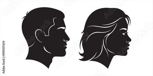 Head profile silhouette mega set in flat graphic design. Collection elements of different male and female human black portraits, african american or caucasian anonymous avatars. Vector illustration.