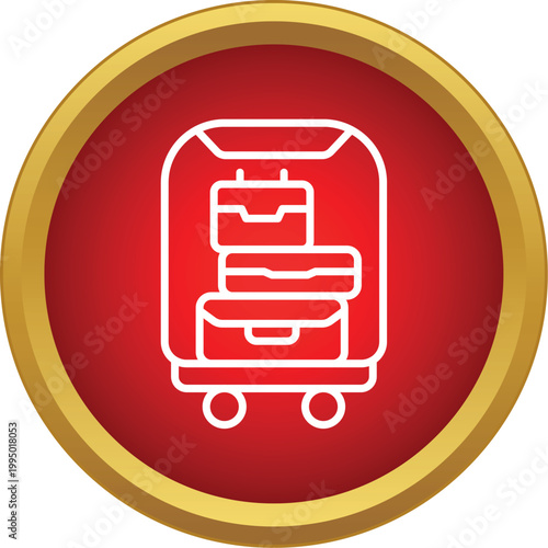 Outline icon showing multiple suitcases piled on a luggage cart within a red circle