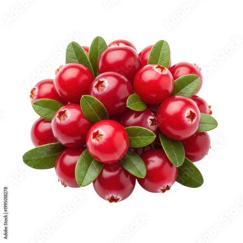 A vibrant cluster of red pomegranates with fresh green leaves isolated on transparent background