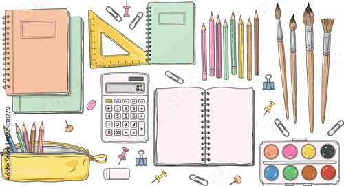 Pastel Hand Drawn School and Art Supplies Flat Lay Set with Notebooks Pencils Watercolor and Calculator Collection