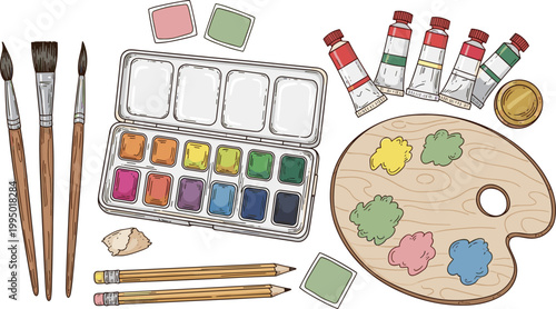 Realistic Hand Drawn Artist Painting Supplies Set with Watercolor Palette Brushes Paint Tubes and Pencils Collection