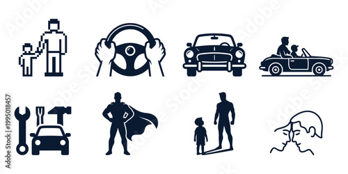 Happy Fathers Day t shirt design icons collection father son car driving tools and superhero symbols