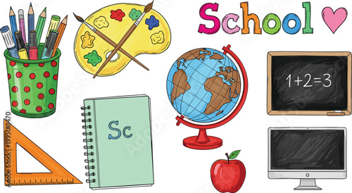 Colorful Hand Drawn Back to School Set with Globe Chalkboard Palette Notebook Computer and Pencils Collection