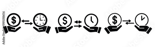 Time and money balance concept with clock and dollar sign icons on seesaw
