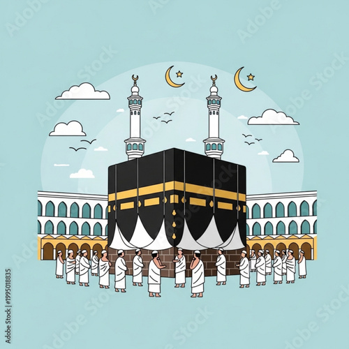 Illustration of the kaaba in mecca with pilgrims and a blue sky background