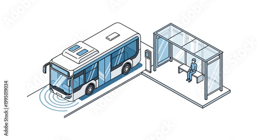 Isometric Autonomous Electric Bus at Smart City Bus Stop with Passenger. Future of public transportation and self-driving vehicle technology illustration.