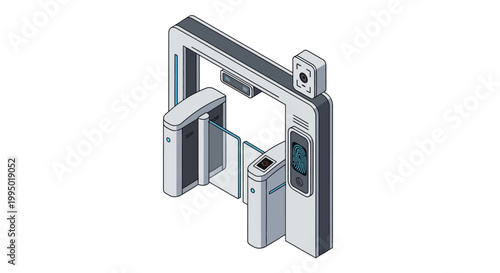 Isometric Biometric Security Gate Illustration with Fingerprint Scanner and Facial Recognition for High-Tech Access Control and Smart Building Security Systems