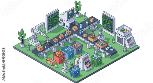 Sustainable Smart Factory Isometric Illustration - Automated Recycling Center with Robotic Arms Sorting Waste and Green Technology Integration