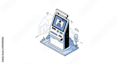 Isometric Illustration of a Modern ATM Self-Service Kiosk for Banking, Digital Identity, and Fintech Services, Clean Line Art Style