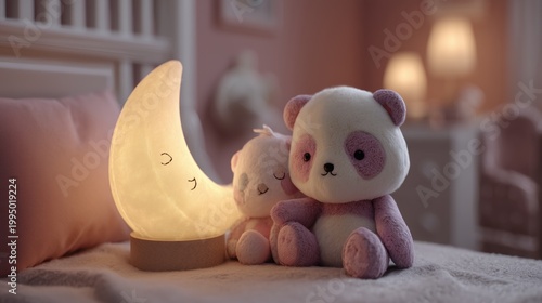 Adorable Stuffed Animals Next to Glowing Moon Night Light