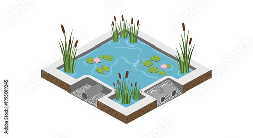 Isometric Diagram of a Constructed Wetland for Wastewater Treatment and Sustainable Drainage with Reeds and Water Lily Pads