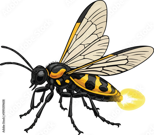 Yellow jacket wasp with glowing abdomen luminescent bioluminescent creature wildlife isolated