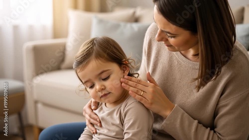 Mother applying cream to her toddler daughter's face. Caring woman moisturizing child's skin at home. Daily skincare routine and parenting concept
