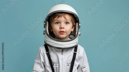 Excited young boy wearing an astronaut helmet. Little kid dreaming of space exploration in white costume. Childhood imagination and future career aspirations. Studio portrait on blue background