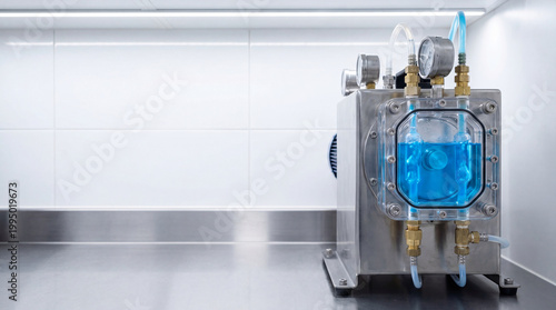 Stainless steel water treatment plant equipment with blue liquid circulating inside. Industrial filtration system for sewage purification process. Laboratory technology for pure water test.