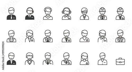 Set of professional people icons, business avatars, employees, workers, customer service, management, construction, medical staff, vector line icons