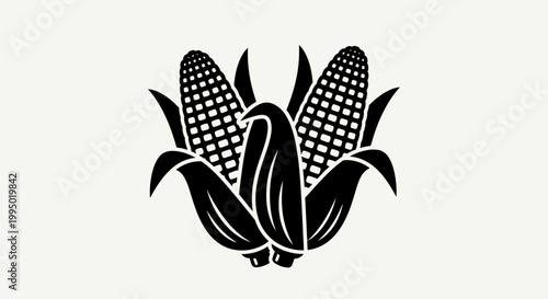 Black and white icon of two corn cobs with husks