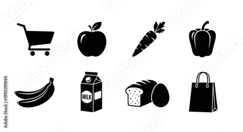 Set of grocery icons including shopping cart, apple, carrot, bell pepper, banana, milk carton, bread and shopping bag