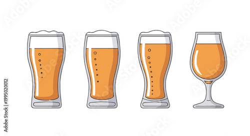 Set of different beer glasses filled with golden ale or lager beer