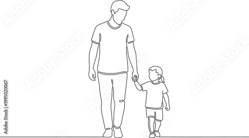 Continuous one line drawing of a father walking with his little daughter holding hands happy family concept, parent and child walking together
