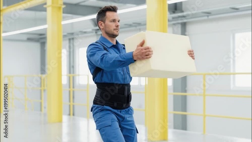 Male worker in blue uniform demonstrating correct lifting posture with back support brace. Workplace safety and ergonomics in warehouse for injury prevention.