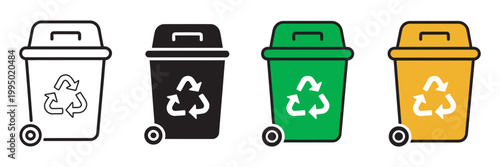 Recycle bin wheel icon set, waste management garbage sorting symbol, environmental sustainability concept, vector illustration