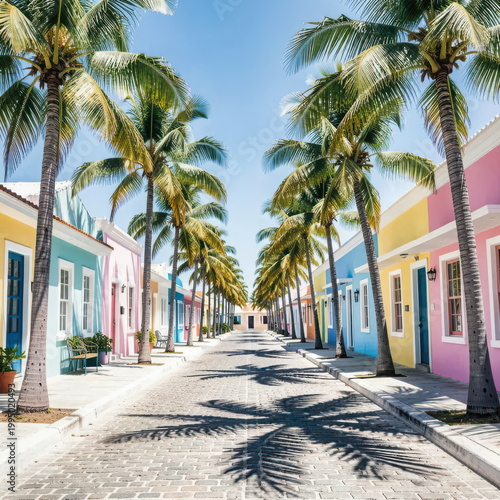 Colorful Palm‑Lined Street in a Caribbean Coastal Town