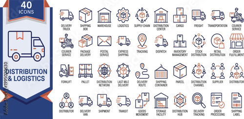 Distribution and logistics icons illustrate various transportation vehicles and symbols.