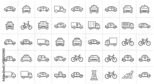 Collection of hand drawn vehicle icons and symbols.