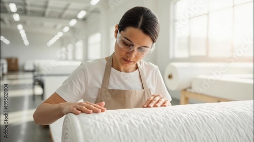 Focused female worker in safety glasses inspecting roll of quilted fabric. Quality control in modern textile manufacturing plant