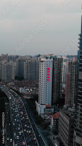 Panoramic Drone Footage Of Shanghai Streets Full Of Driving Cars And Skyscrapers