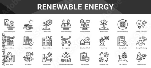 RENEWABLE ENERGY  Icon set collection. Vector icon pack featuring thematic icons for your presentations or business.