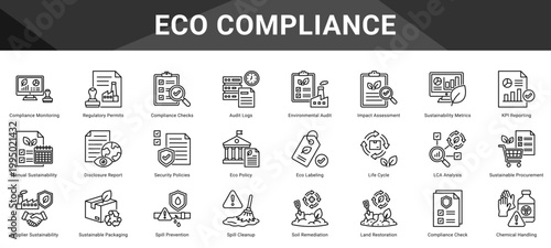 ECO COMPLIANCE  Icon set collection. Vector icon pack featuring thematic icons for your presentations or business.