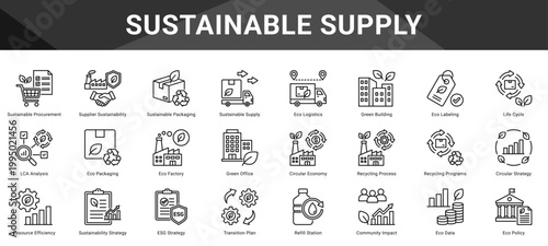 SUSTAINABLE SUPPLY  Icon set collection. Vector icon pack featuring thematic icons for your presentations or business.