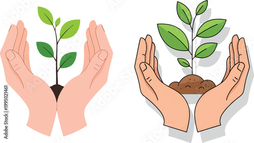 Environmental protection vector illustration, human hands cupping a growing green plant, ecology and sustainability concept icons for nature conservation