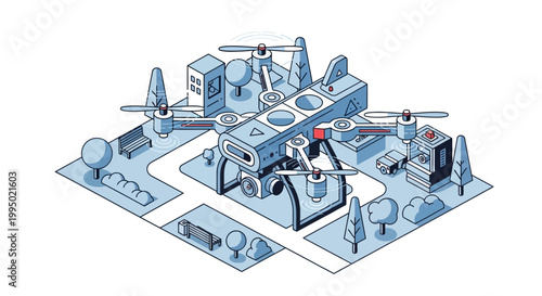 Isometric Drone Illustration in a Smart City Park Setting for Autonomous Logistics and Surveillance Technology Concepts